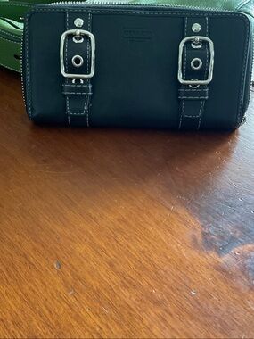 Coach Black Leather Zip Wallet with Silver Buckle Accents